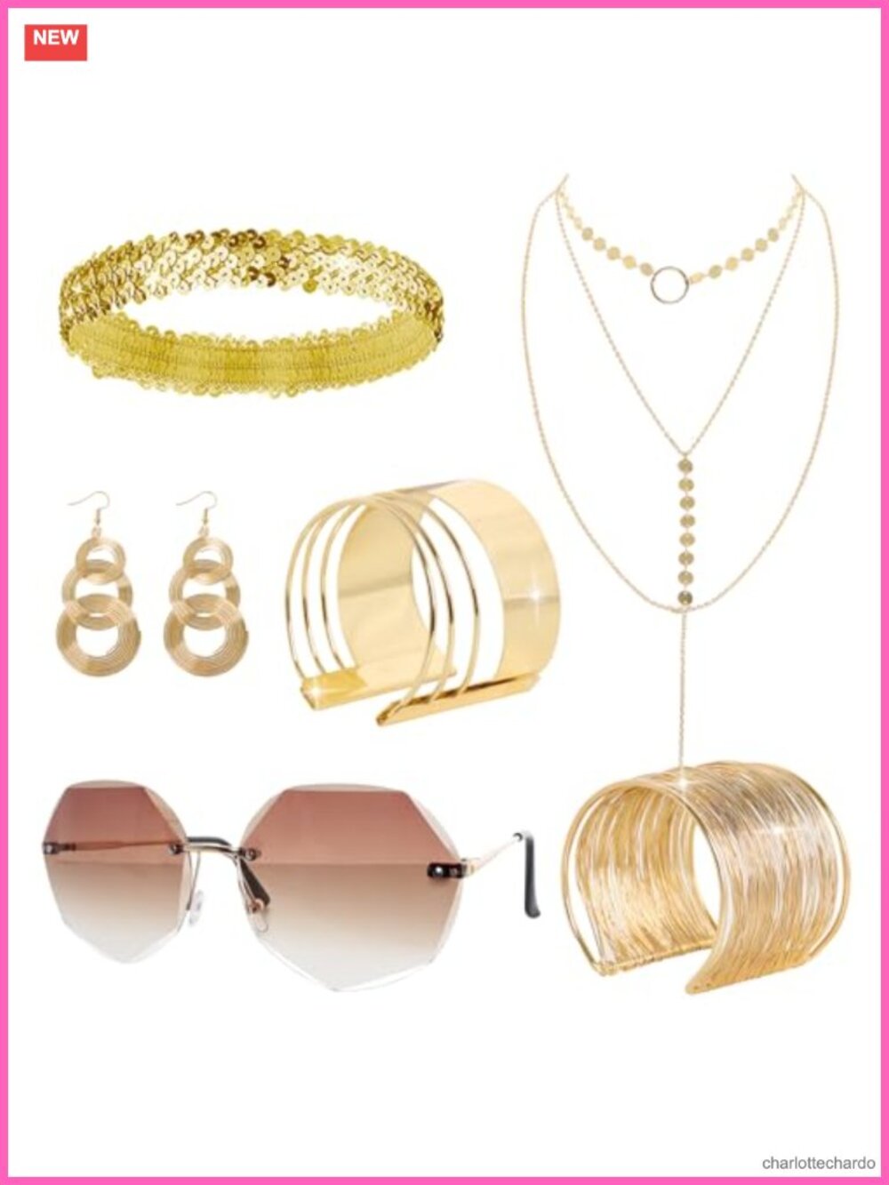 70s Disco Accessories Set Women Layered Necklace Bracelets Earrings Headband